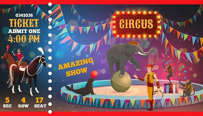 ANIMAL TRAINER, FUR SEAL, ELEPHANT, BALL, ARENA