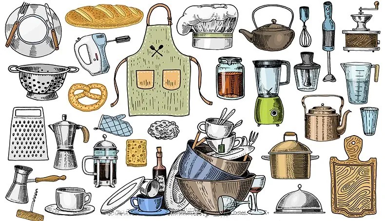 PRETZEL, GRATER, UTENSILS, FRENCH PRESS, SPONGE