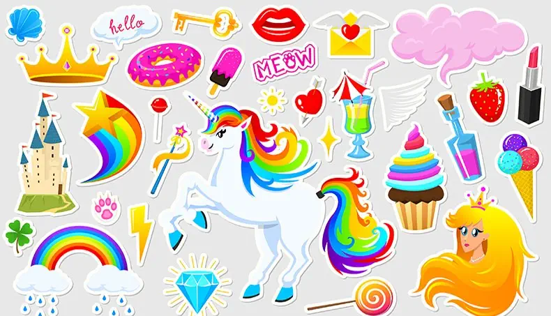 UNICORN, RAIN, DIAMOND, RAINBOW, LOLLIPOP