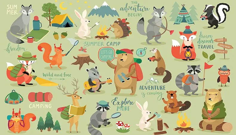 SKUNK, BEAVER, CAMPFIRE, RACCOON, SQUIRREL