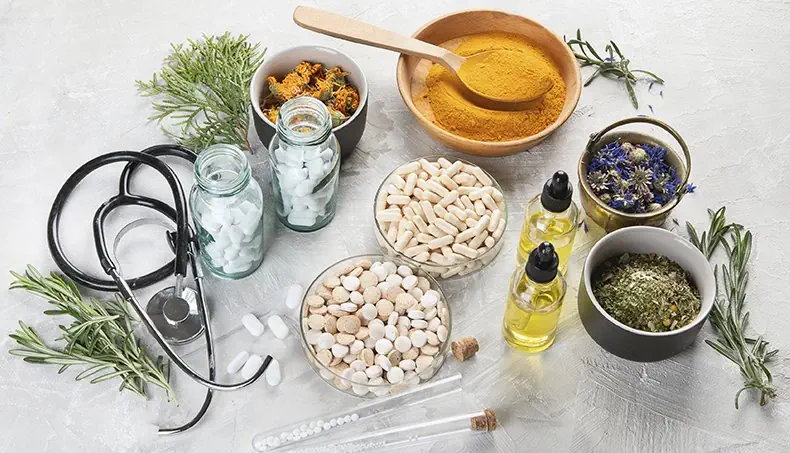 PILLS, STETHOSCOPE, ROSEMARY, CALENDULA, POWDER