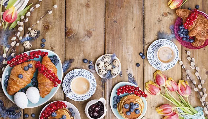 TULIPS, QUAIL EGGS, CROISSANT, BLUEBERRIES, FEATHERS