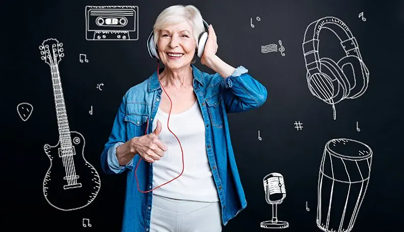 HEADPHONES, MICROPHONE, GRAY HAIR, GUITAR PICK, CASSETTE