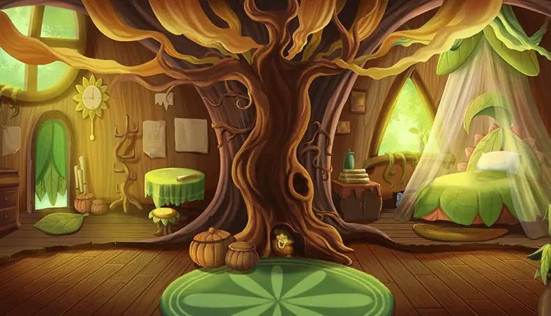 KNOTHOLE, CARPET, COAT RACK, BED, BALDACHIN