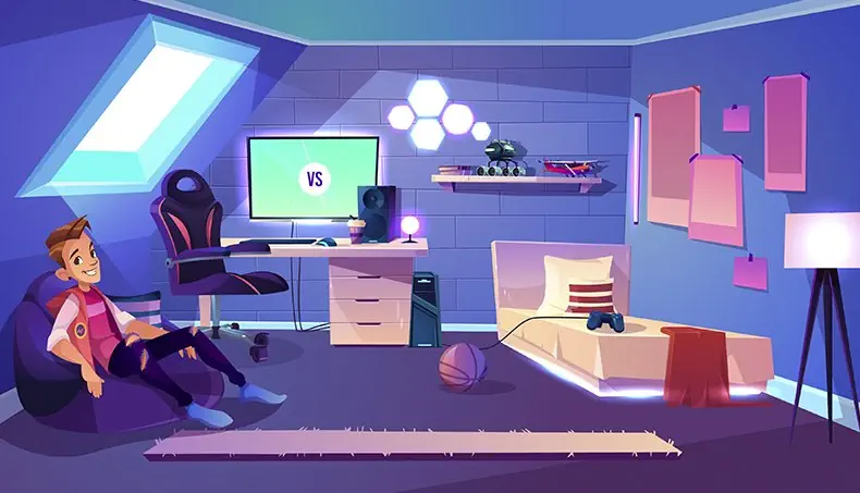 TEENAGER, BED, SHELF, GAMEPAD, FLOOR LAMP