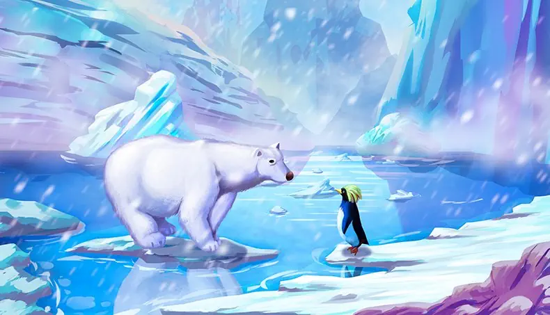 POLAR BEAR, PENGUIN, ICE FLOE, SNOWFALL, WATER
