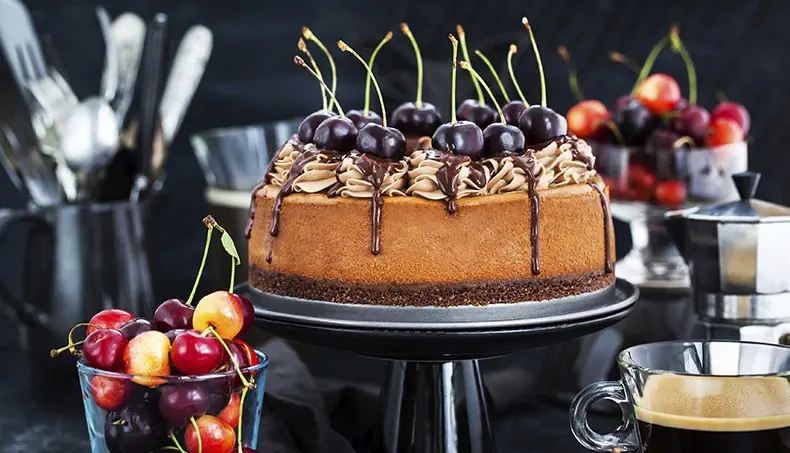 CAKE STAND, CAKE, WHIPPED CREAM, CHERRY, SPONGE CAKE