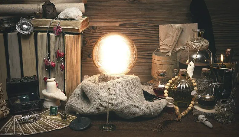 BURLAP, CRYSTAL BALL, ROSARY, CARDS, FLAME