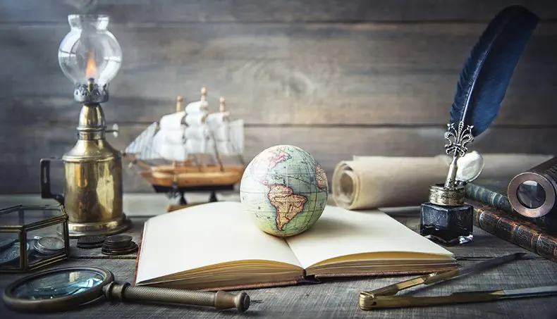 MAGNIFIER, GLOBE, OIL LAMP, SHIP, INKWELL