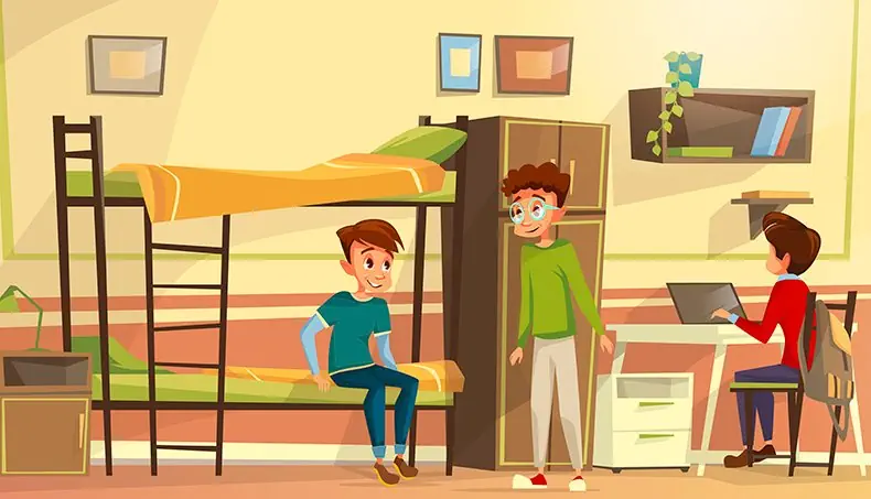 DORMITORY, BACKPACK, STUDENTS, NERD, BUNK BED