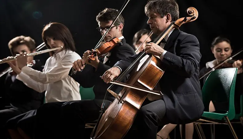 ORCHESTRE, MUSIQUE, CONCERT, VIOLONCELLE, VIOLON