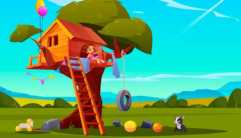 TREE HOUSE, PARTY FLAGS, LADDER, BALLOONS, CROWN