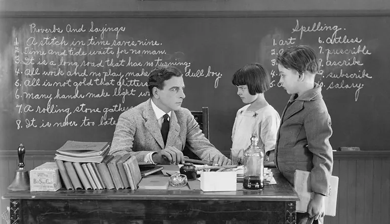 TEACHER, BELL, SCHOOLBOOKS, STUDENTS, CHALKBOARD