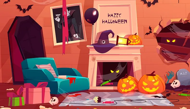 COFFIN, BAT, ARMCHAIR, FIREPLACE, WITCH HAT