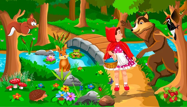 SQUIRREL, HEDGEHOG, HARE, FLY AGARIC, WOLF