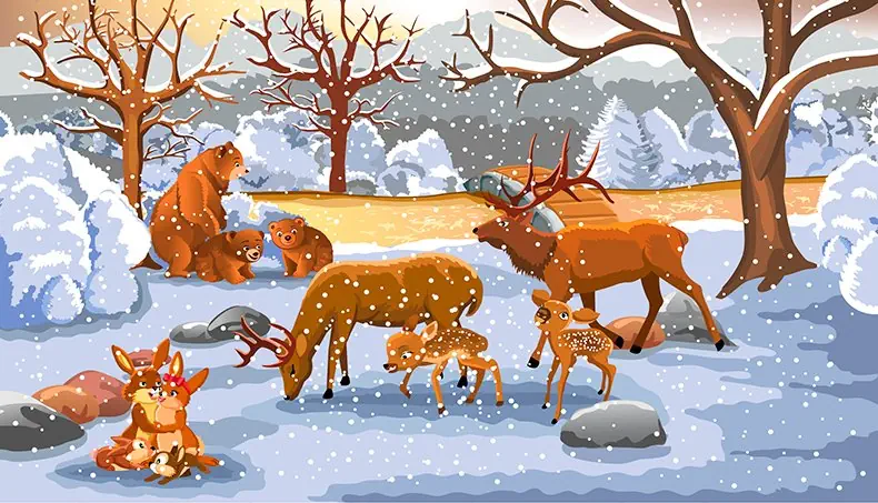 WINTER, FAWN, DEER, BEAR, RIVER