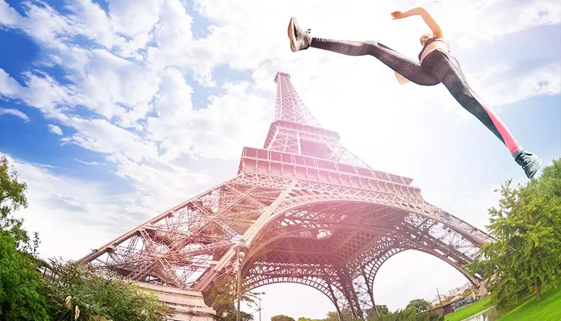 EIFFEL TOWER, JUMP, PARIS, SPORTSWOMAN, CLOUDS