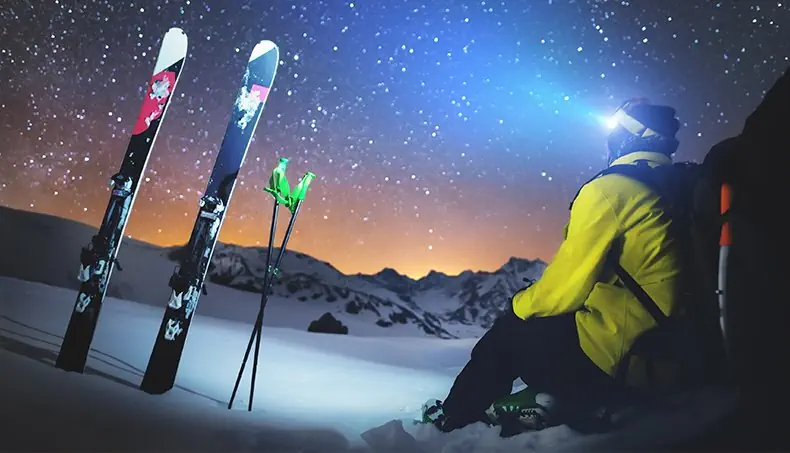 SKIS, POLES, SKIER, SNOW, STARRY SKY