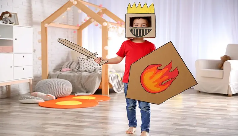 BOY, CARDBOARD, ARMOR, BEDROOM, DOLL