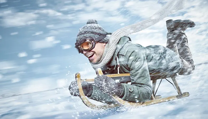 WINTER JACKET, SCARF, SLED, SLOPE, GOGGLES