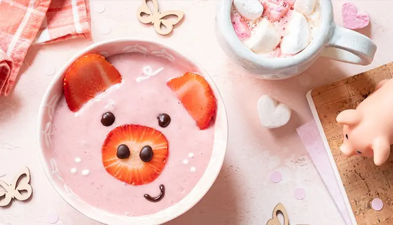 FRAGOLA, FRULLATO, COLAZIONE, MAIALINO, FARFALLA