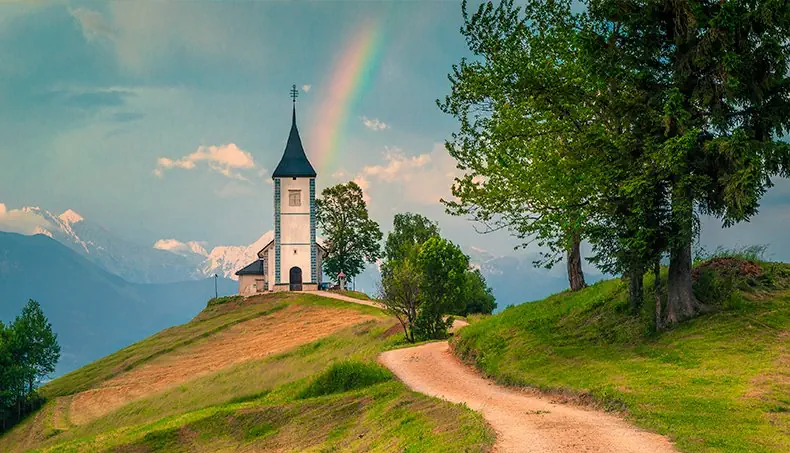 CLOUD, RAINBOW, HILL, CHAPEL, MOUNTAIN