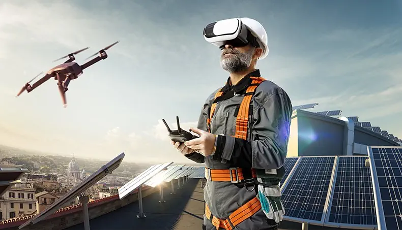 ENGINEER, DRONE, SOLAR PANEL, ROOF, HELMET