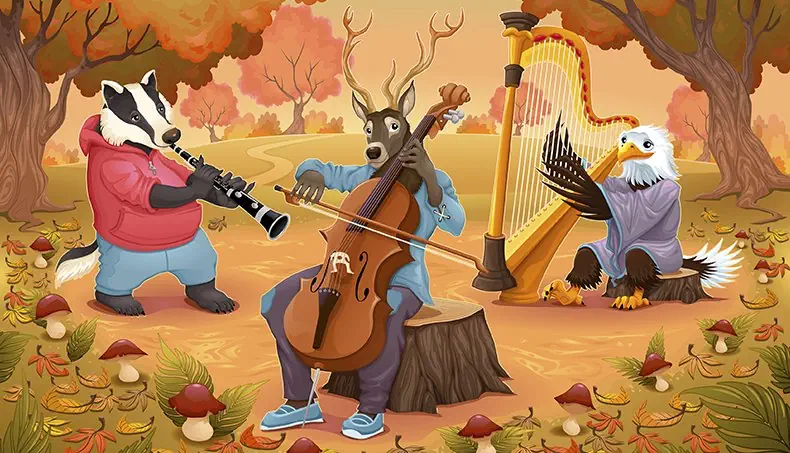 HUDEBNÍCI, HŘIB SMRKOVÝ, JELEN, VIOLONCELLO, SMYČEC