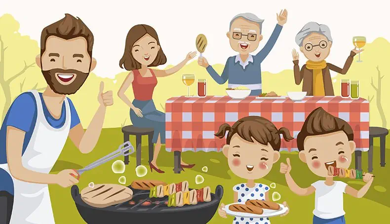 GRILL, BARBEQUE, SAUSAGES, PIGTAILS, GRANDFATHER