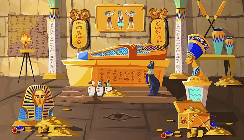 SARCOPHAGUS, BRAZIER, SCARAB, NEFERTITI, CANOPIC JAR