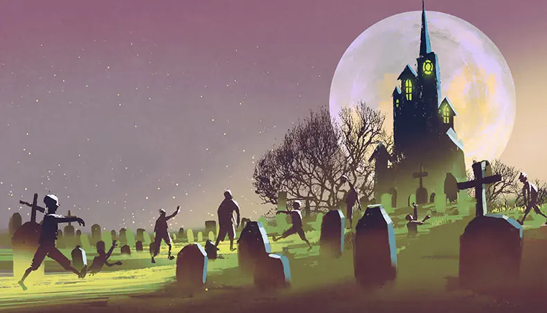 ZOMBIE, CIMETIÈRE, TOMBE, STÈLE, ÉGLISE