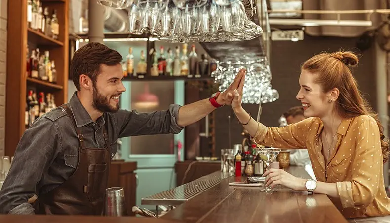 BARMAN, BAR, APRON, HIGH FIVE, GINGER HAIR