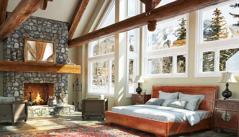 CHAMBRE, CHEMINÉE, LIT, FAUTEUIL, FEU