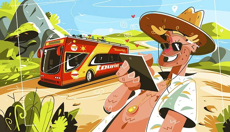 BUS, TOURIST, SUNHAT, SHIRT, MEDALLION