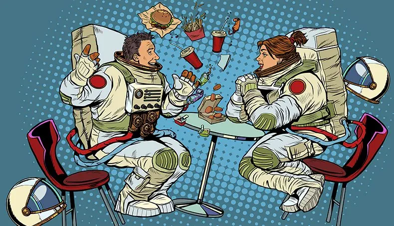 ASTRONAUTA, TAVOLA, SEDIA, HAMBURGER, PATATE FRITTE