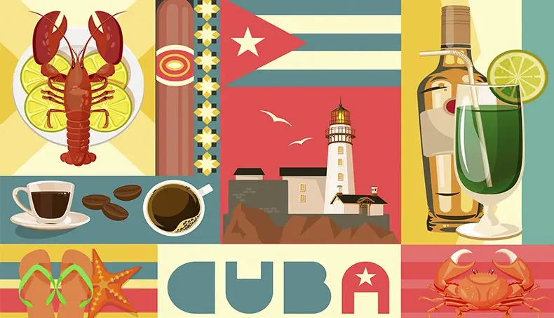 DRINK, CUBA, FLAG, FLIP-FLOPS, CRAB