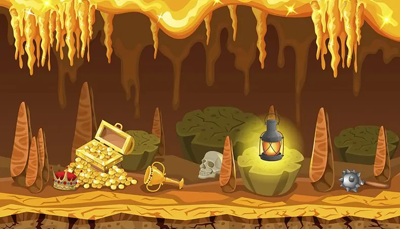CROWN, TREASURE, LANTERN, SKULL, CAVE