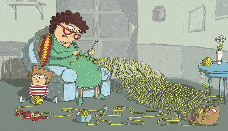 GRANDMOTHER, GRANDCHILD, YARN, CAT, KNITTING