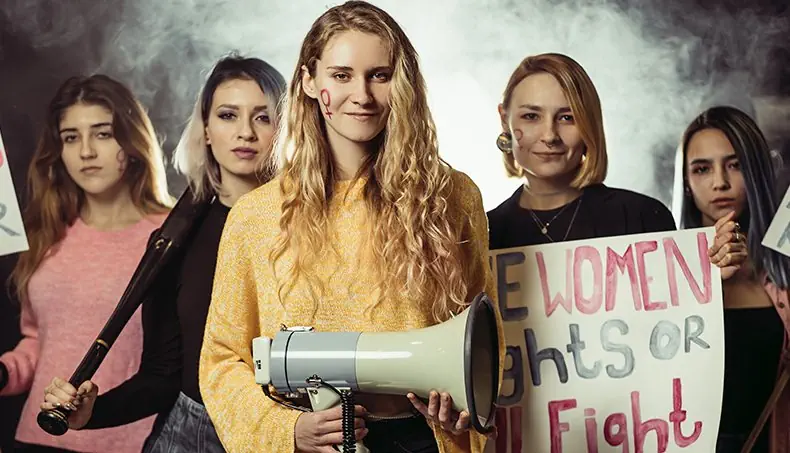 FEMMES, AFFICHE, PORTE-VOIX, PANNEAU, BATTE