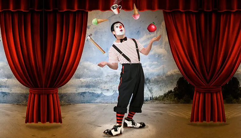 CLOWN, PERFORMANCE, CURTAIN, STAGE, RED