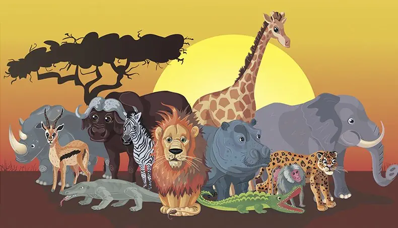 LIZARD, LION, GIRAFFE, BUFFALO, CROCODILE