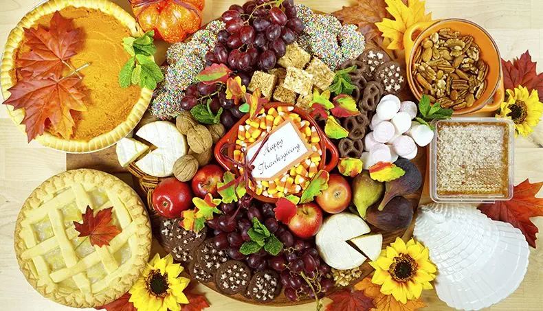 NUTS, GRAPES, HONEYCOMB, APPLES, PUMPKIN PIE