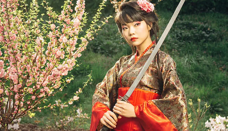 KIMONO, KATANA, JAPONAISE, ROSE, MAQUILLAGE