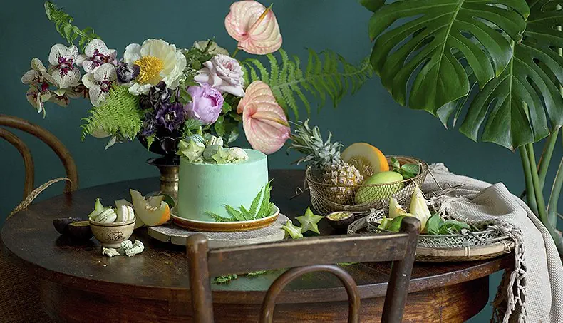 CAKE, MELON, CHAIR, TABLE, ORCHID