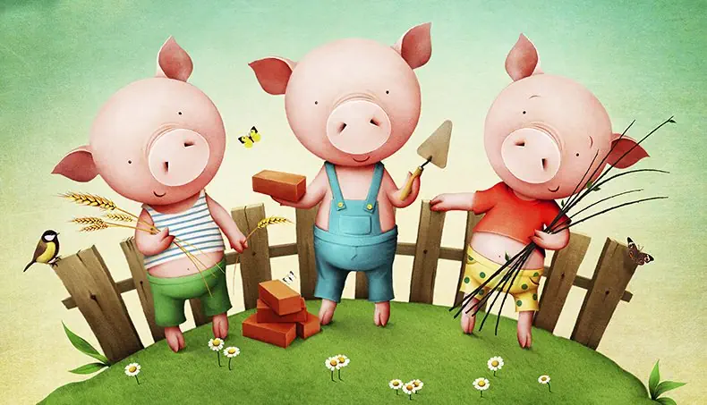 THREE LITTLE PIGS, TROWEL, BRICKS, TITMOUSE, MEADOW
