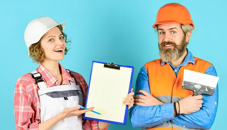 HARDHAT, BUILDER, BEARD, CLIPBOARD, OVERALLS