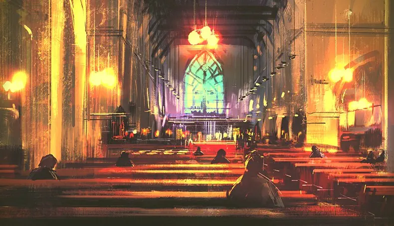 CATHÉDRALE, PAROISSIENS, BANC, RELIGION, LUMIÈRE