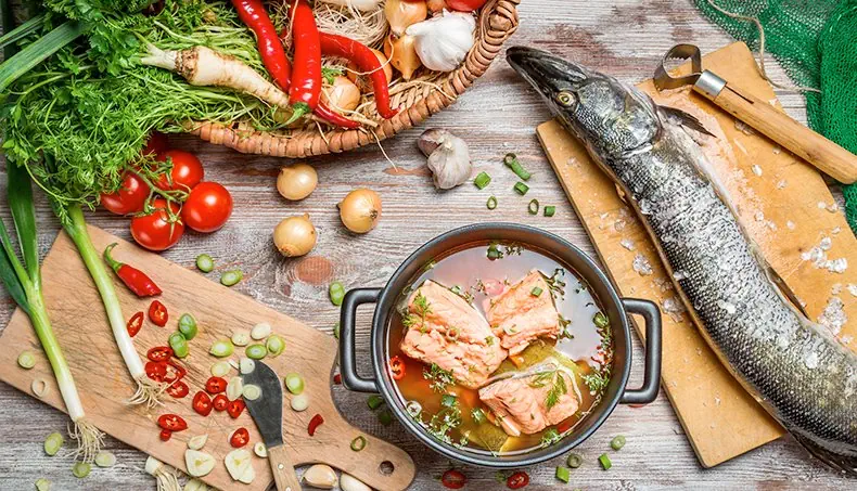 PIKE, SOUP, VEGETABLES, SCALLIONS, SCALES