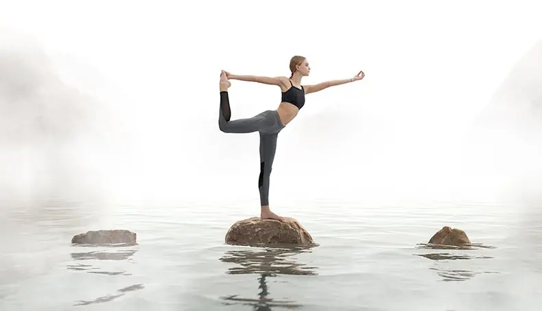 YOGA, LAKE, BALANCE, POSE, FOG