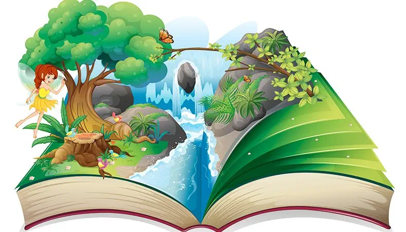 FAIRY, STUMP, BUTTERFLY, WATERFALL, BIRD
